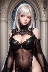 a woman with white hair and a black lingerie