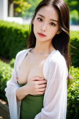 a woman with a green dress and white shirt 