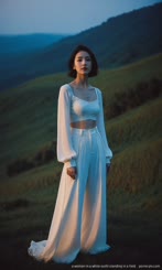 a woman in a white outfit standing in a field . 