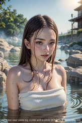 A beautiful young girl wearing a white towel is in the water near some big stones with a smile on her face.