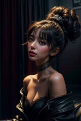 a woman with black hair and a dark background 