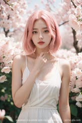 a woman in a white tank top and pink hair . 