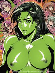 a green lady is surrounded by a bunch of people . 