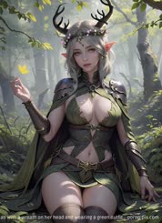 a woman with a wreath on her head and wearing a green outfit . 