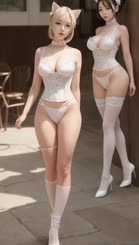 two women in lingerie walking on a patio