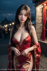 a very attractive and stylish Asian woman dressed in a red silk dress with a largeèƒ¸éƒ¨. She has a beautiful smile and long curly hair wearing a golden crown on her head. She looks like a beautiful princess or a queen.