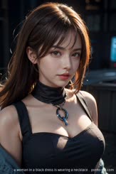 a woman in a black dress is wearing a necklace . 