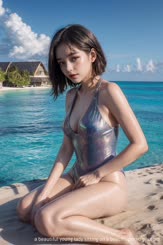 a beautiful young lady sitting on a beach . 