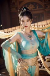 a woman dressed in a green and gold ancient Chinese costume. She is wearing a blue green sleeveless blouse with a gold skirt that looks like cloth tied around her waist. The outfit