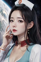 a woman with long black hair and a red neck piece 