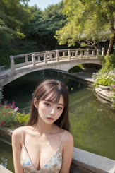 a woman in a tank top is standing in front of a pond