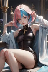 a woman with pink hair and a cross on her neck . 