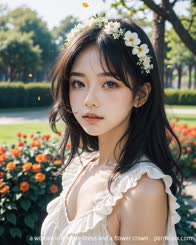 a woman in a white dress and a flower crown . 