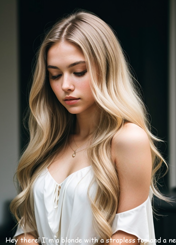 Hey there, I'm blonde with a strapless dress and a necklace
