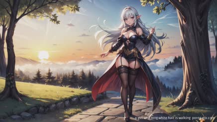 a girl with long white hair is walking 
