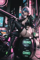 a woman with blue and pink hair sitting on a motorcycle. She is dressed in a black leather outfit and has a large chest.