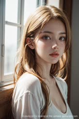 a young girl is looking at the camera 