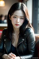 a woman in a black leather jacket sitting in a chair . 