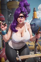 a woman with purple hair holding a camera