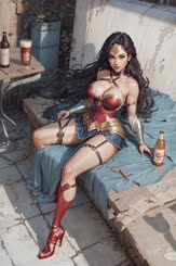 a woman sitting on a bench with a beer