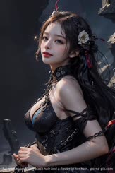 a beautiful woman with long black hair and a flower in her hair . 