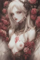 a woman with white hair and red tattoos 