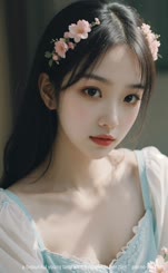 a beautiful young lady with a flower in her hair . 