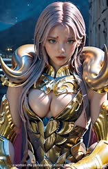 a woman in a golden armor posing for a picture . 
