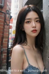 a young woman standing next to a wall . 