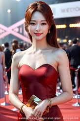 a woman in a red dress on a red carpet . 