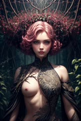 a woman with pink hair and a body painting 