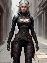 a woman in a black leather outfit is standing in a street