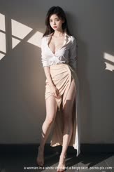 a woman in a white shirt and a beige skirt 