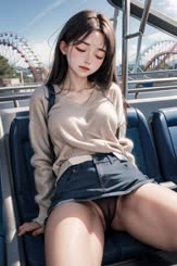 a woman sitting on a bus seat with a skirt on