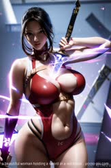 a beautiful woman holding a sword in a red bikini . 