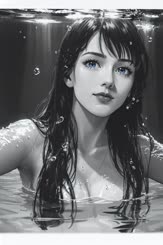 a woman with long hair and a large smile in a body of water