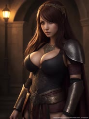 a woman wearing a suit of armor and a breast corset . 