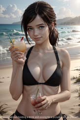 a beautiful young woman holding a drink and posing for a picture . 
