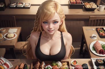 a woman sitting at a table with many different types of food . 