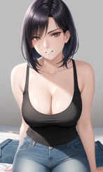 dark short hair Mature Woman wearing white tank top and bluen laying in the Bed photorealistic 
