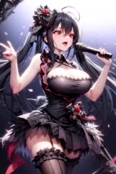 a beautiful anime girl with a big booty holding a microphone