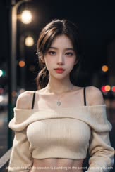 a woman in a white sweater is standing in the street . 
