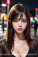 a beautiful woman with long brown hair and a cat eye makeup . 