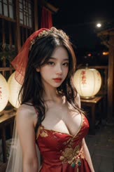 a woman wearing a red dress with a veil