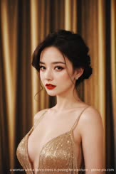 a woman with a fancy dress is posing for a picture . 