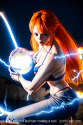 a beautiful red headed woman holding a ball . 