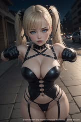 a woman with long blonde hair and a leather bra . 