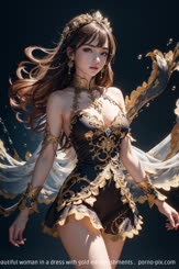 a beautiful woman in a dress with gold embellishments . 