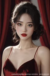 a beautiful woman wearing a red dress . 