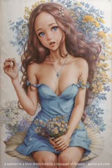 a woman in a blue dress holding a bouquet of flowers . 